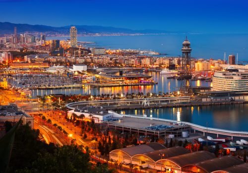 Top view of Port in Barcelona during evening. Spain